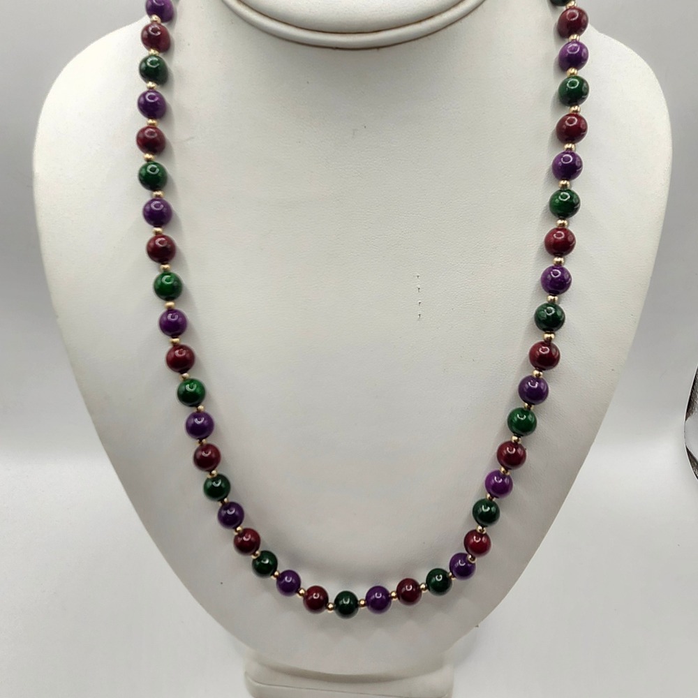 Multicolor Glass Bead Necklace Purple Green Red Round Stone Look Gold Tone